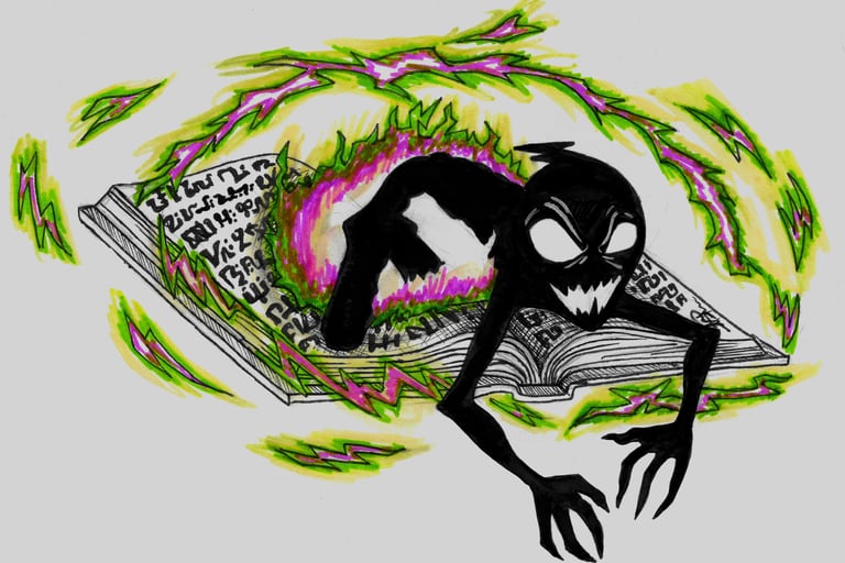 a marker drawing of a cartoon goblin being summoned from a spellbook