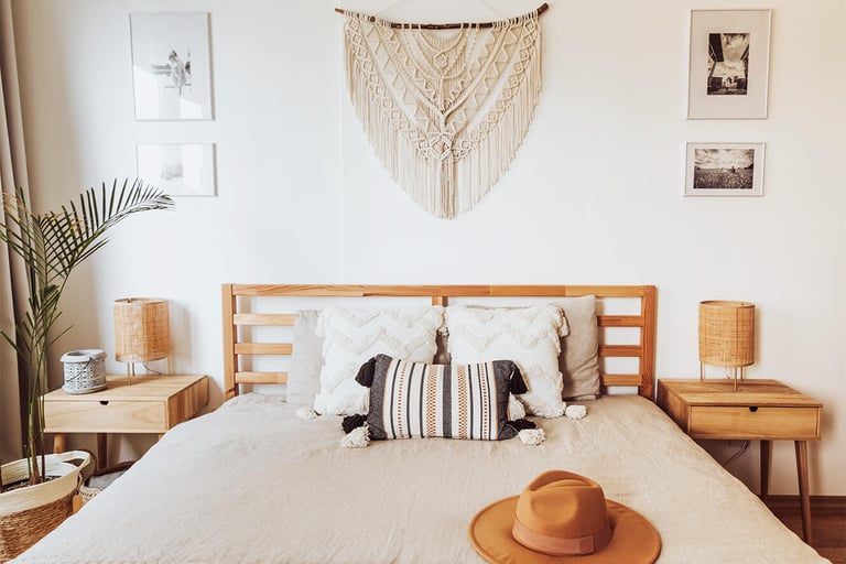 boho bedroom with big macrame wallhanging