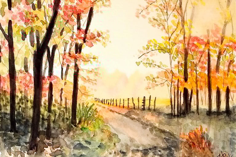 a watercolor painting of a road with a fence and autumn colored trees
