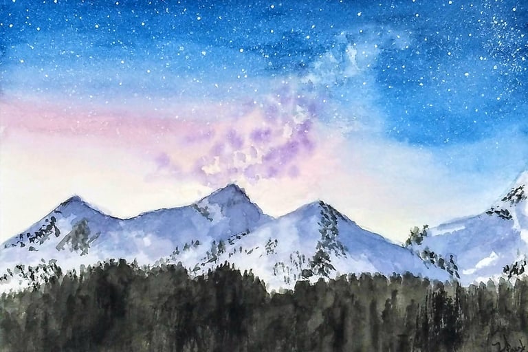 watercolor painting of sunset sky, stars and mountains