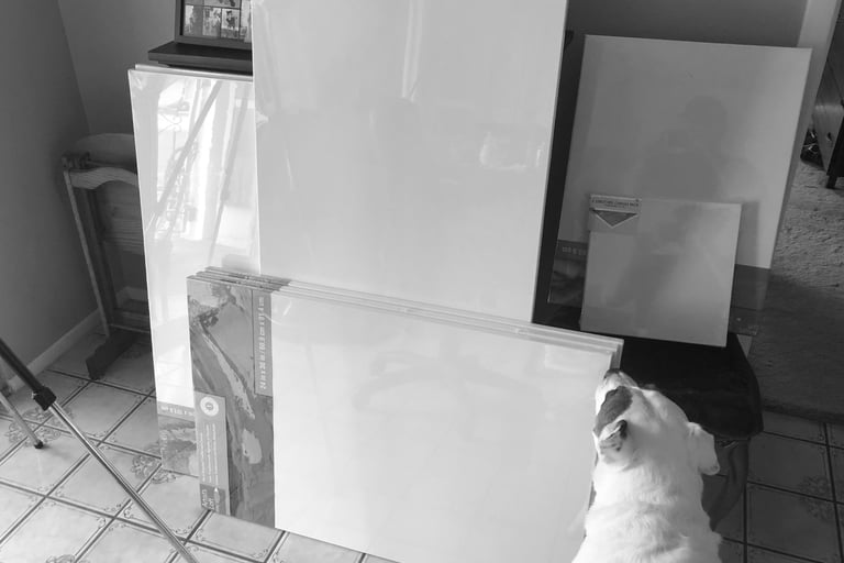 Some of my canvases. (That's my pup Jasper photobombing!)