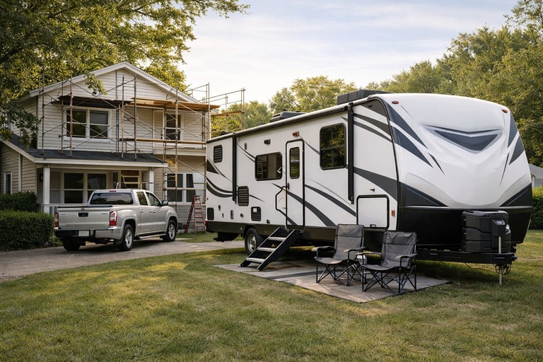 Temporary RV housing for homeowners during insurance-covered home repairs, park at house renovations