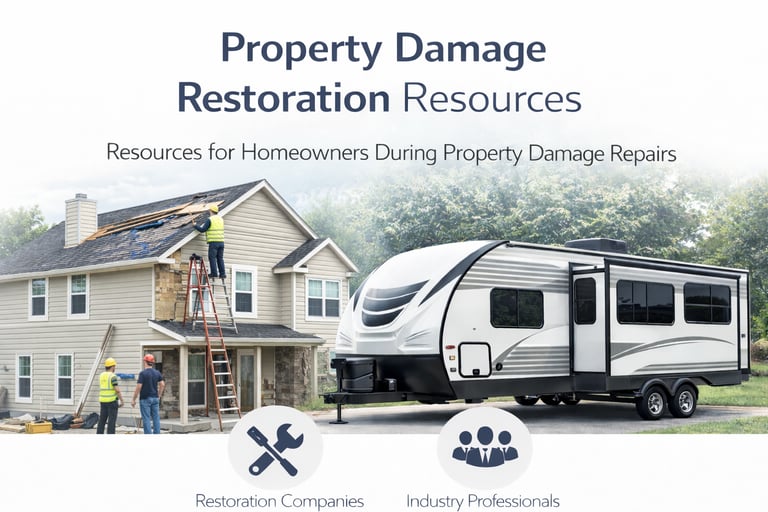Contractors repairing roof while RV trailer provides temporary housing