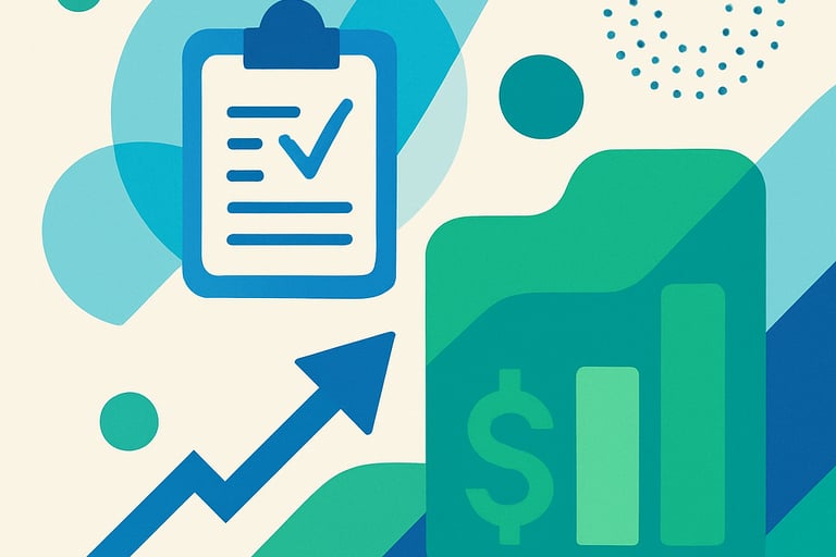 Abstract illustration representing knowledge sharing and research with clipboard, arrow, and financi
