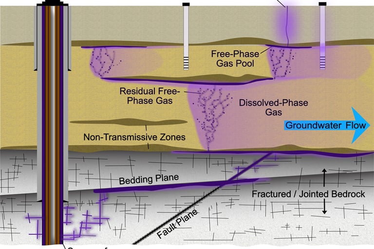 Stray gas contamination occurs when  methane, migrates fromcoal, oil and gas operations into groundw