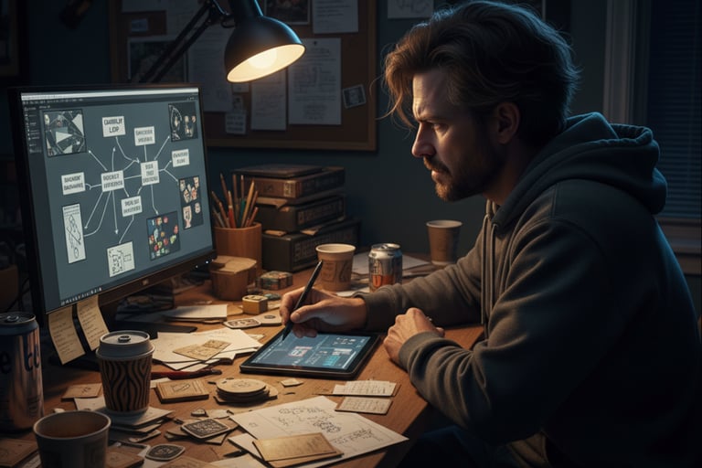 a man sitting at a desk with a tablet computer and a tablet