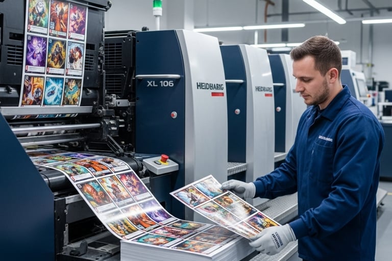 A professional trading card manufacture facility with a Heidelberg printing press in action, showcas