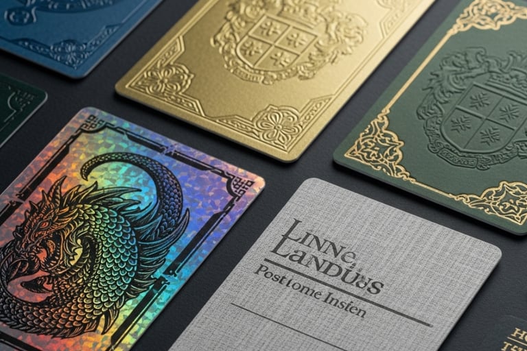A collection of premium custom trading cards showcasing finishes like holographic foil and embossing