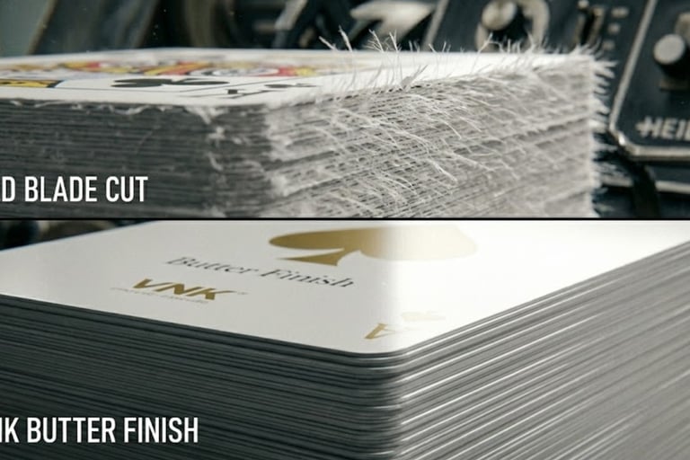 Close-up of smooth playing card edges vs rough edges