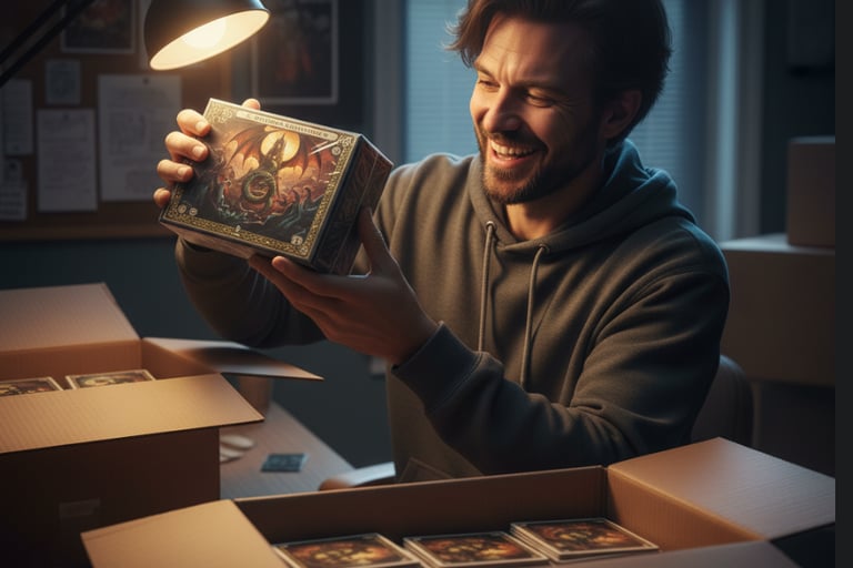 a man holding a box of cards in a box