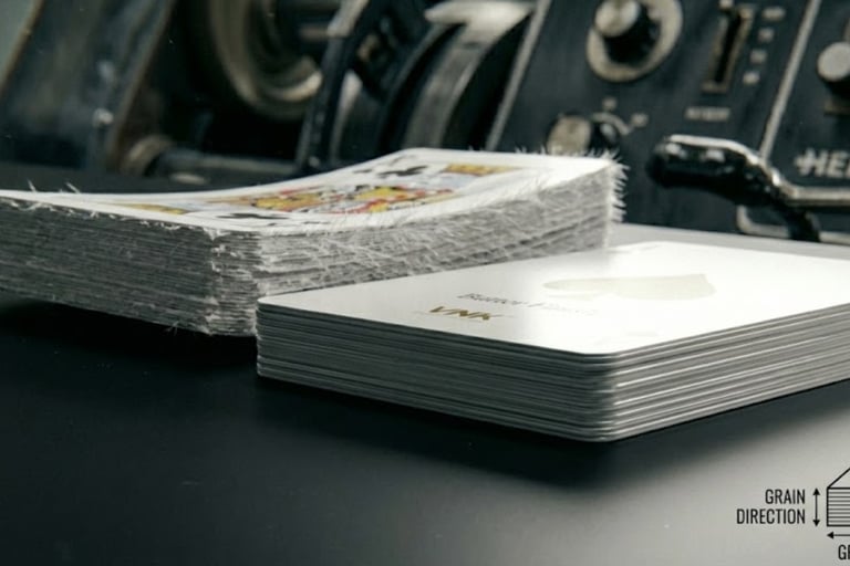 Flat playing card vs warped card demonstrating grain direction importance