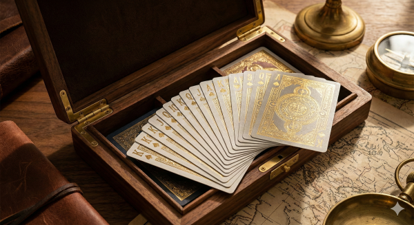 Premium board game manufacturing components on a table, featuring magnetic box and foil cards