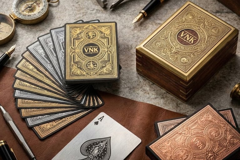 Custom playing card manufacturing examples featuring gilded edges and rigid boxes.