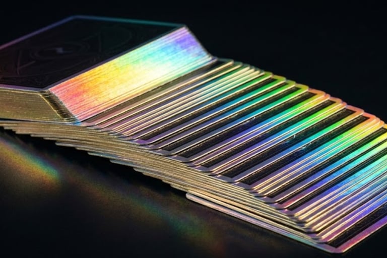 Holographic gilded edge playing cards showing rainbow reflection