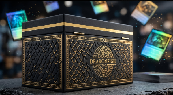 Drakonsigil TCG premium card storage box with dragon scale texture and gold trim among holographic cards.