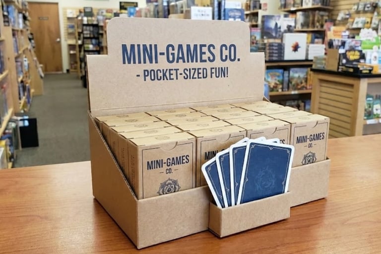 Retail display stand filled with custom indie micro card games.