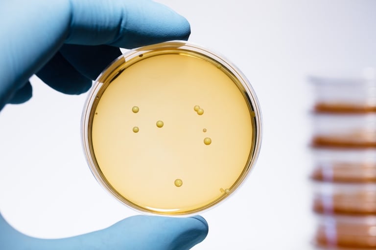 A hand covered by a medical globe holding a petri dish of postive-gram lactobacillus bacteria grown.