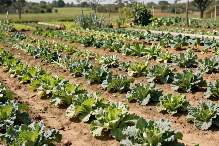 Photography of a sprawling, meticulously maintained organic vegetable garden in the Brazilian Agreste, featuring varied shades of olive green and earthy beige soil under a bright, natural sun.