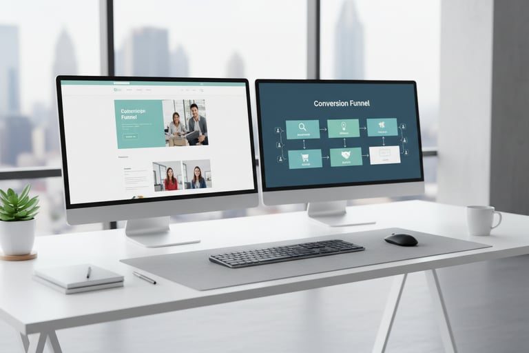 Workspace with two screens—one showing a website layout, the other a funnel diagram with arrows and 