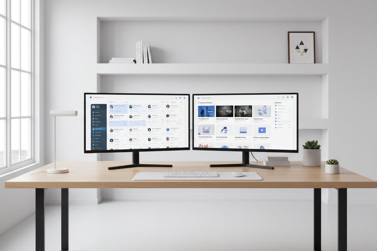 Screens display social media platforms and a content library with articles, graphics, and videos.