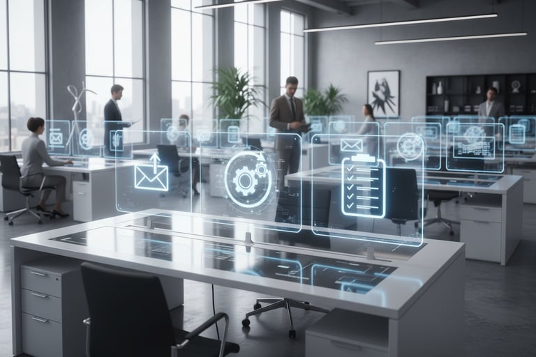Digital office with screens showing an envelope, gear icon, and checklist; clean, bright, and organi