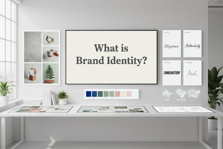Clean, modern branding studio scene with a digital workspace displaying mood boards, color palettes,