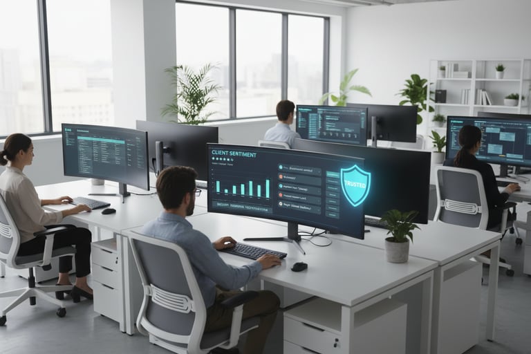 Screens with client reviews, feedback notifications, and a shield icon.
