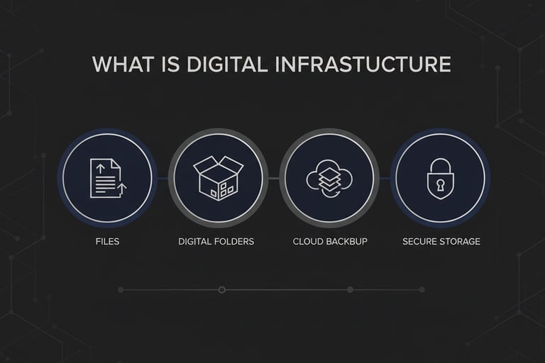 Digital dashboard with geometric icons for files, digital folders, cloud backup, and secure storage 