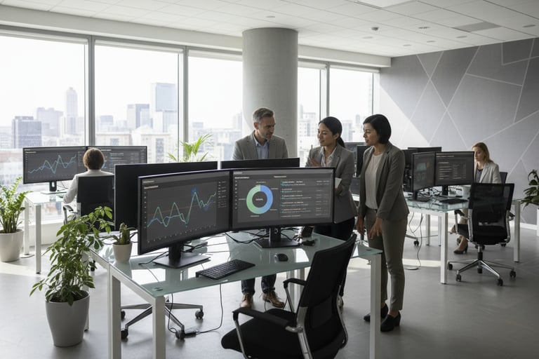 Modern office with people working and screens showing website traffic graphs, lead source charts, an