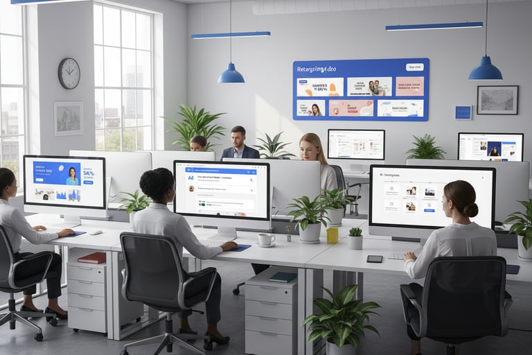 Office with screens showing search ads, display banners, social media ad previews, and retargeting f