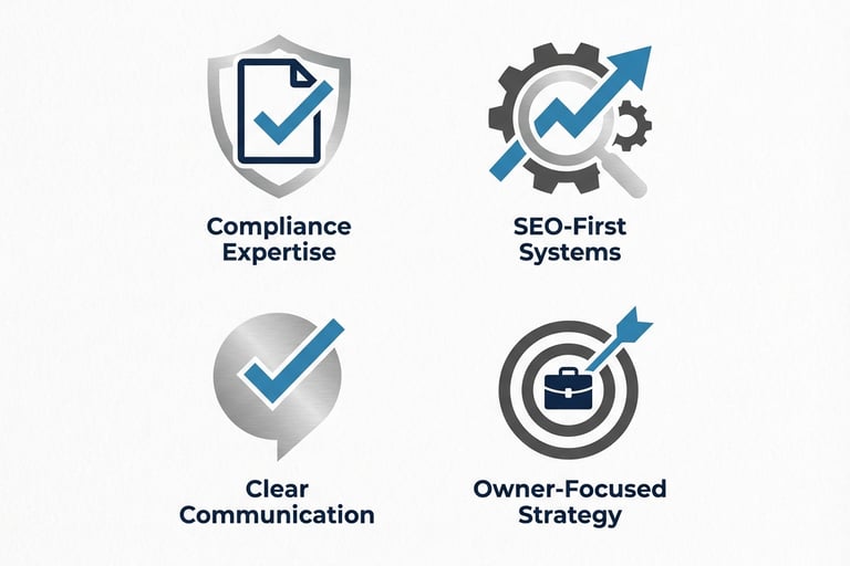 Four icons: compliance expertise, SEO-first systems, clear communication, owner-focused strategy.