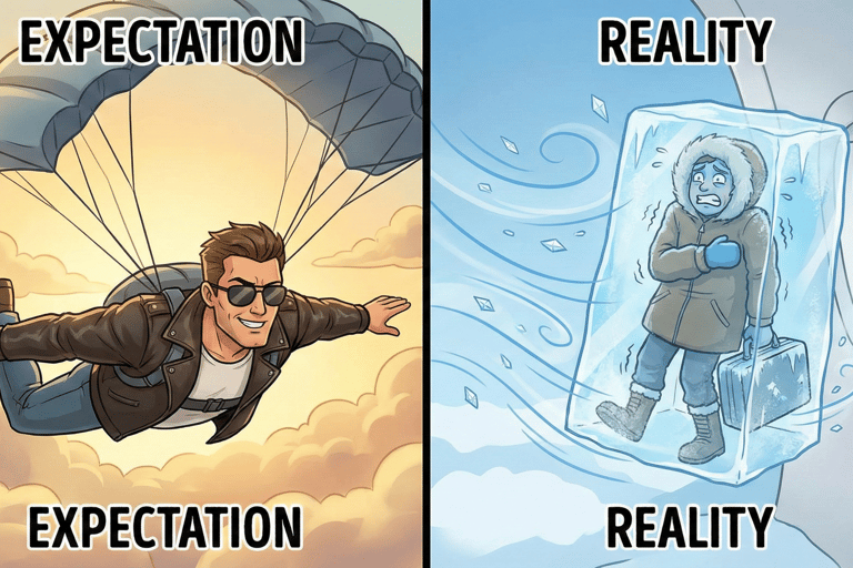 Comparison of skydiving expectations versus the reality of freezing temperatures in high altitude air travel.
