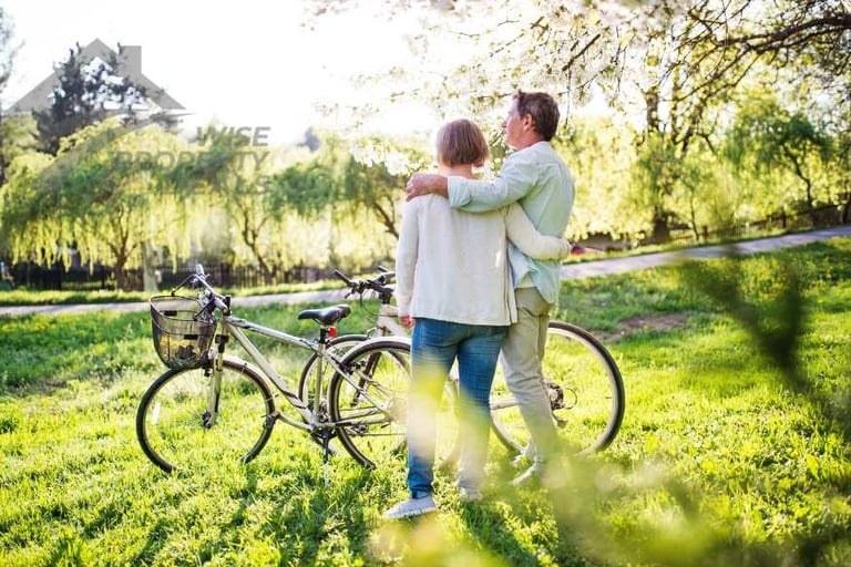 a man and woman standing in the grass