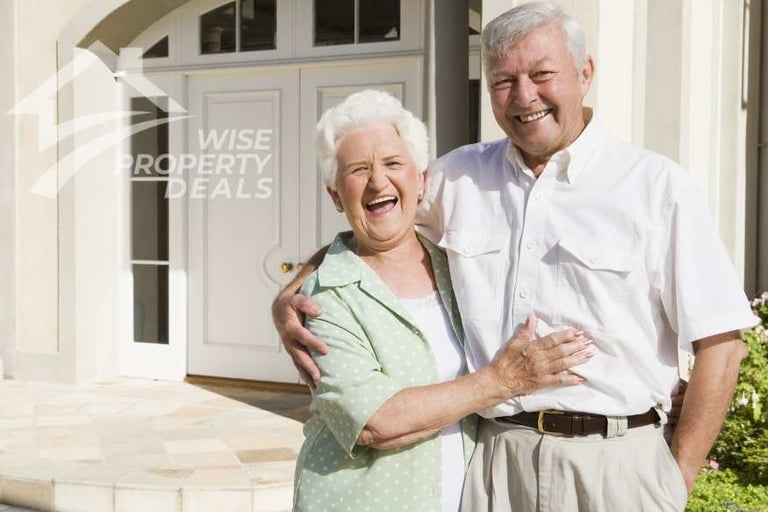 a man and woman standing in front of a house