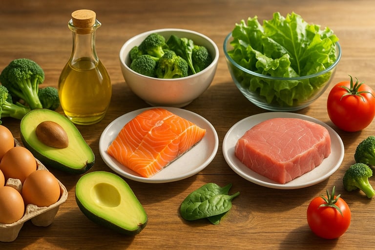 Cibo naturale per chetosi e libertà alimentare: uova, avocado, pesce e verdure fresche.