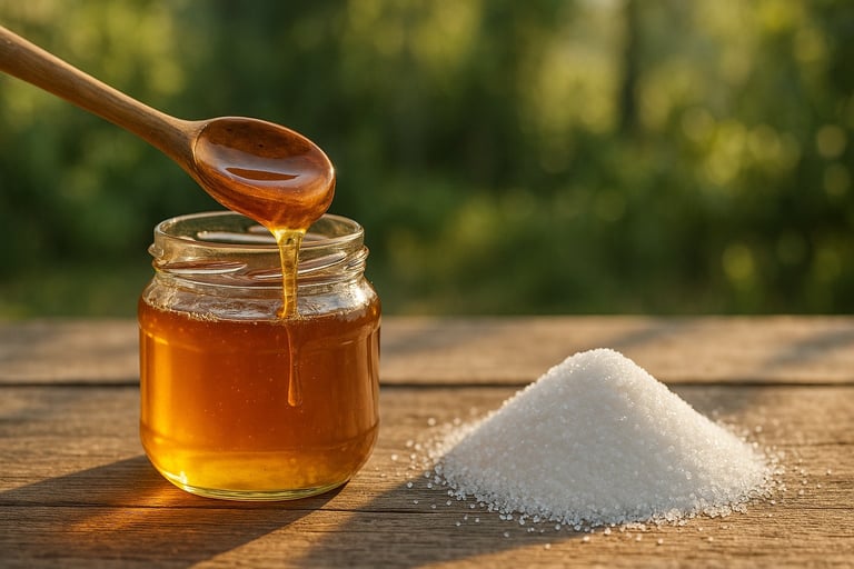 Miele naturale che cola da un cucchiaio accanto a zucchero bianco raffinato