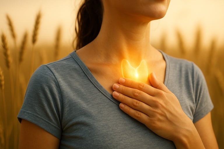 Mano che tocca la tiroide illuminata, simbolo di equilibrio e rinascita