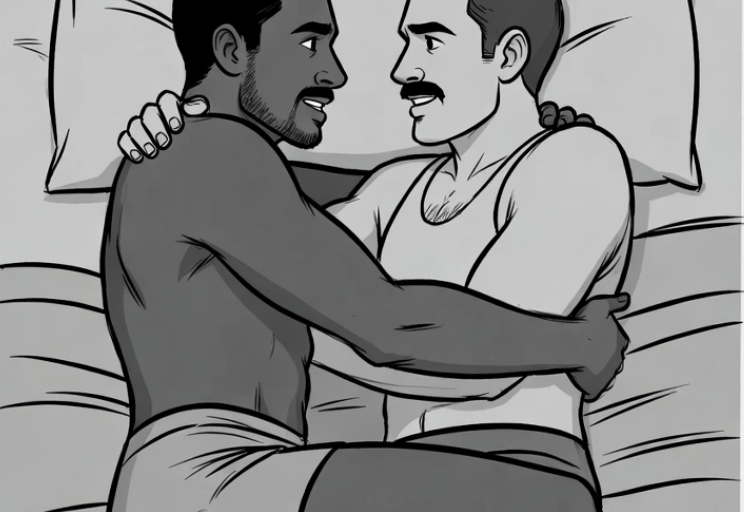 2 males in bed with arms across each other