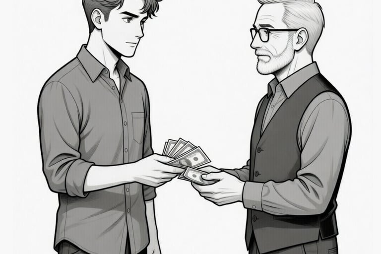 younger and older male cartoons exchanging money