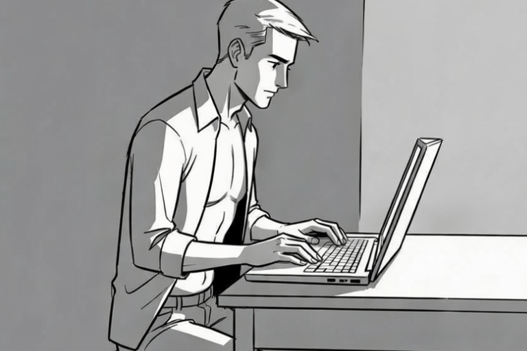 cartoon male with shirt open working on laptop at desk