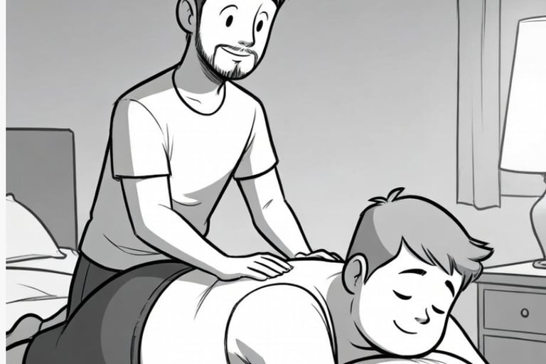 a skinny male cartoon gving a heavier male a back massage on bed