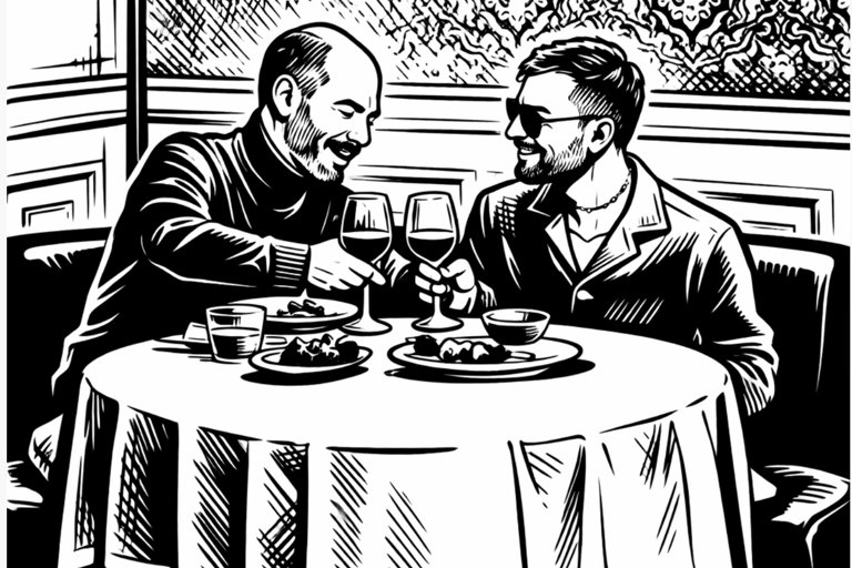 Older male having dinner with younger male at restaurant cartoon