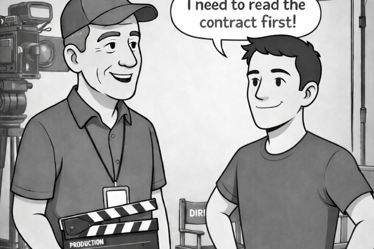 A male with cap on with Clapperboard and younger male saying i need to read the contrast first.