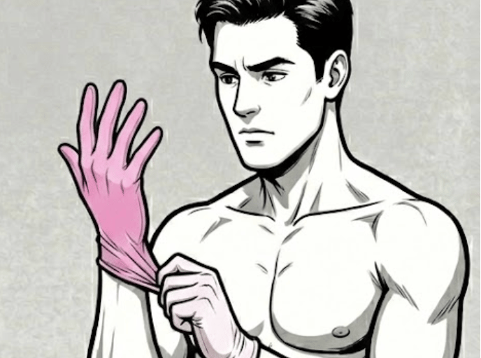 Male cartoon putting on pink latex glove