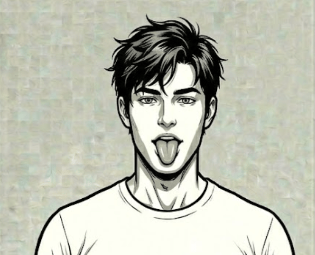 male with shaggy hair with tongue out