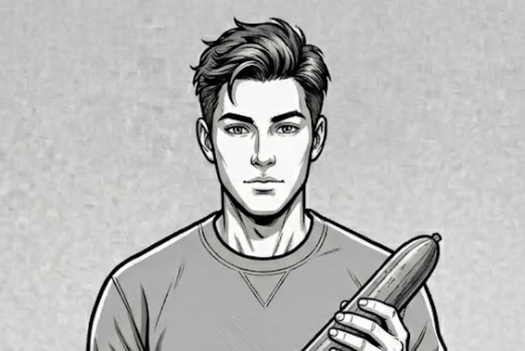 Male cartoon holding a penis like object