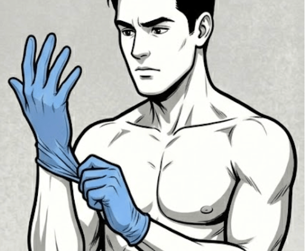 male cartoon putting on blue latex gloves