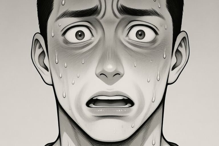 male sweating and worried cartoon