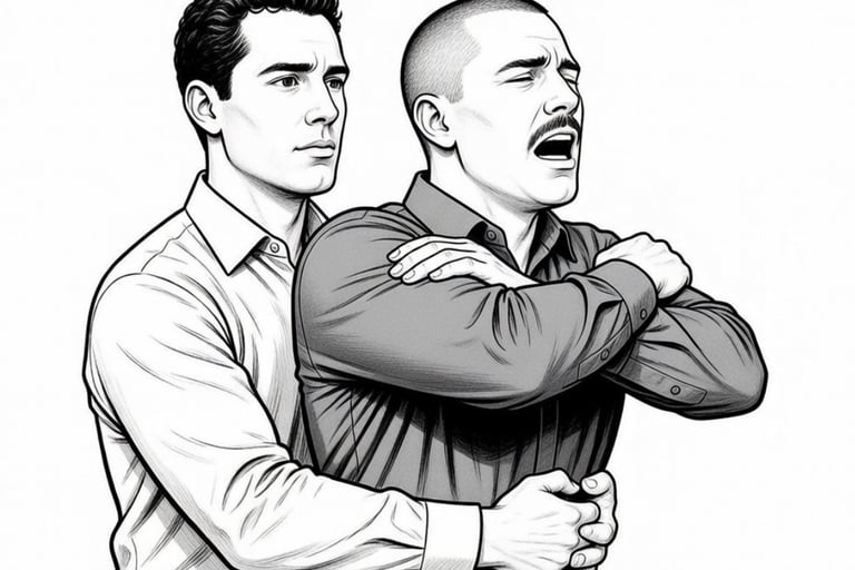 male with linked hands wrapped around another male with arms crossed with arrow pushing in