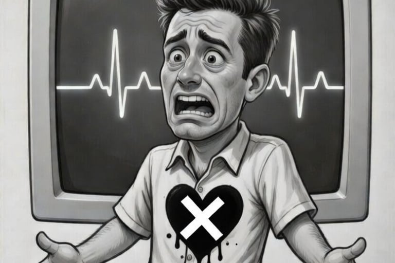 cartoon male with no pulse line and x over his heart